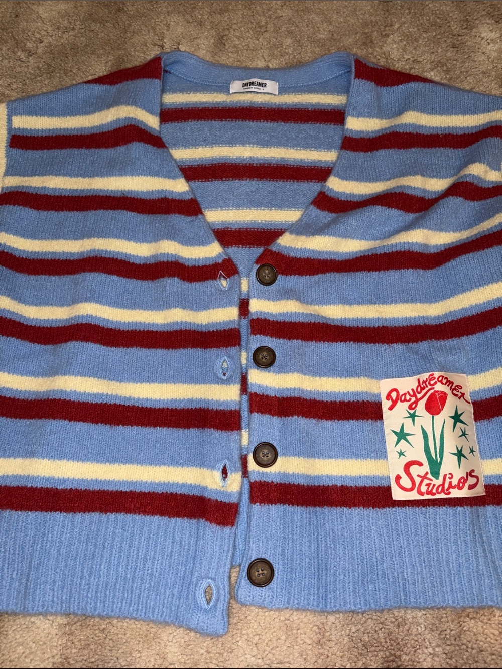Daydreamer Blue Striped Button Front Cardigan with Red and Cream Accents